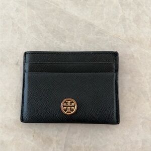 Tory Burch Black Card Wallet with Gold Emblem